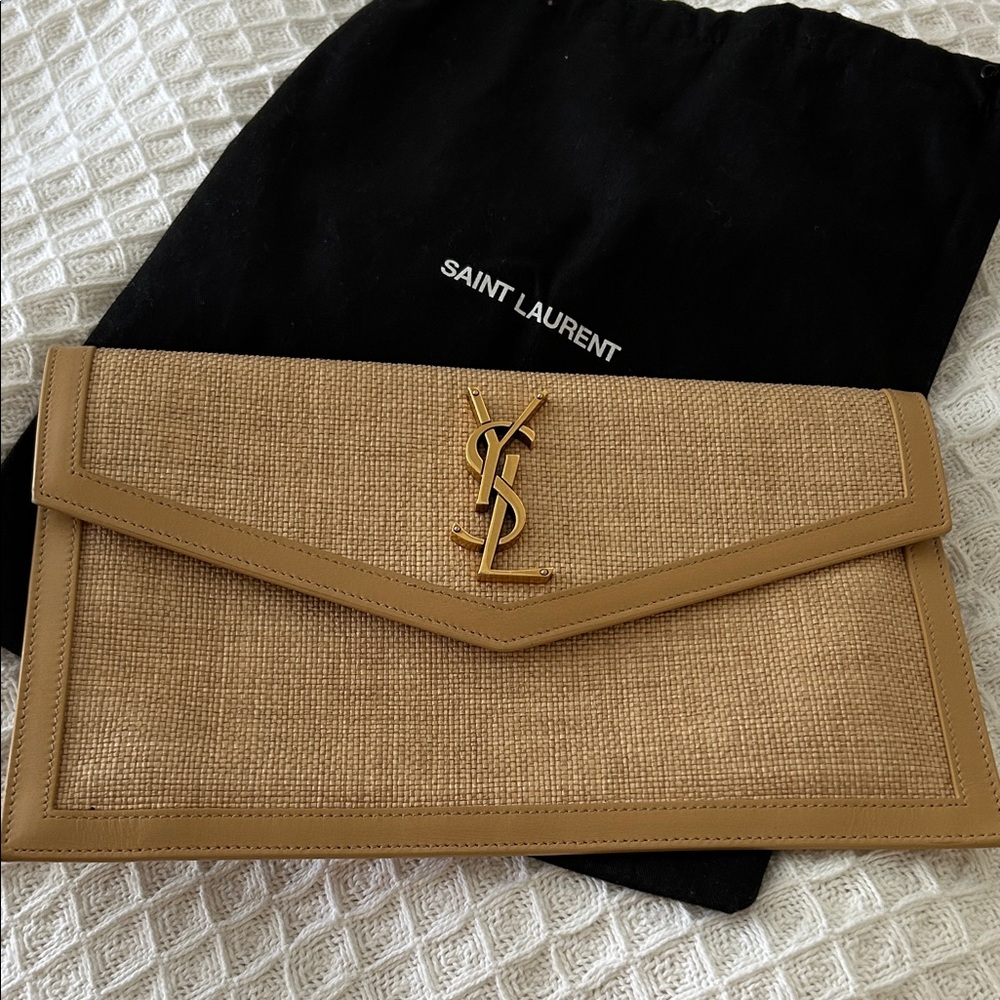 Saint Laurent Raffia Envelope Clutch with Gold YSL Hardware